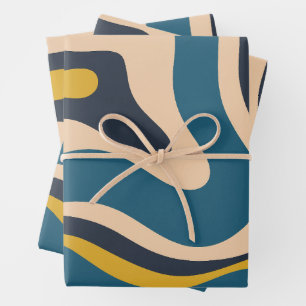 Modernes Retro Liquid Swirl Abstraktes Muster Blau Geschenkpapier Set