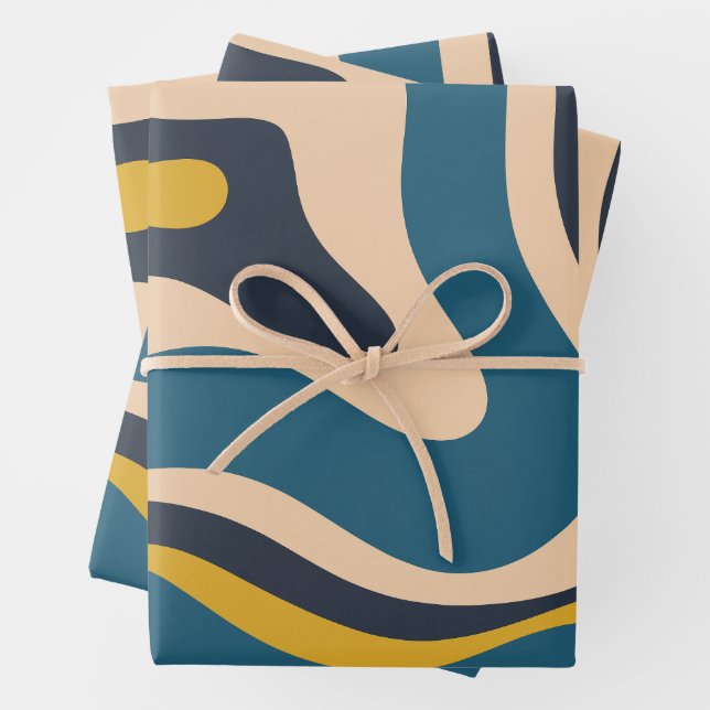 Modernes Retro Liquid Swirl Abstraktes Muster Blau Geschenkpapier Set (Beispiel)