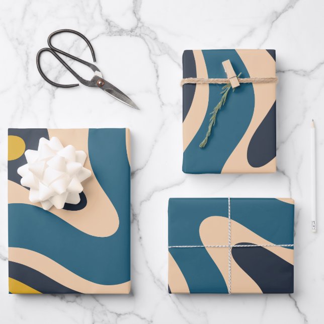 Modernes Retro Liquid Swirl Abstraktes Muster Blau Geschenkpapier Set (Vorderseite)