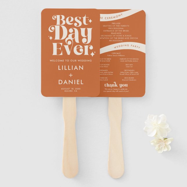 Modernes Retro Orange Hochzeitsprogramm Fächer (Vorne und Hinten)