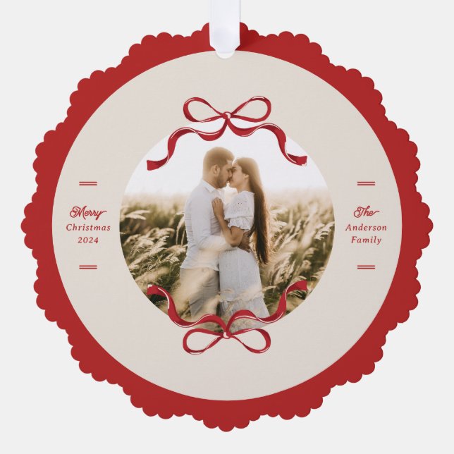Modernes Retro Red Bows Trendsetter Weihnachtsfest Ornament Karte (Vorderseite)