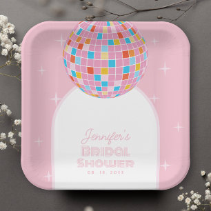 Modernes Retro Rosa Diskothek Ball 70er 80er Braut Pappteller