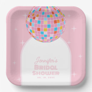 Modernes Retro Rosa Diskothek Ball 70er 80er Braut Pappteller