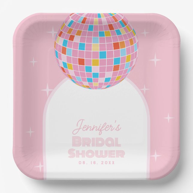 Modernes Retro Rosa Diskothek Ball 70er 80er Braut Pappteller (Vorderseite)