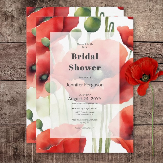 Modernes Retro Watercolor Red Poppies Brautparty Einladung (Modern Retro Watercolor Red Poppies Bridal Shower Invitation)