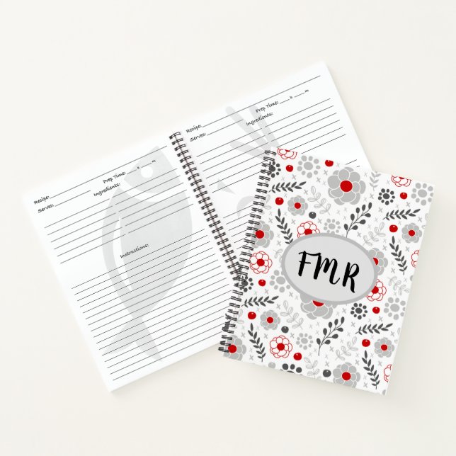 Modernes Rezept aus grauem Rotem Flor Monogramm Notizbuch (Innenseite)