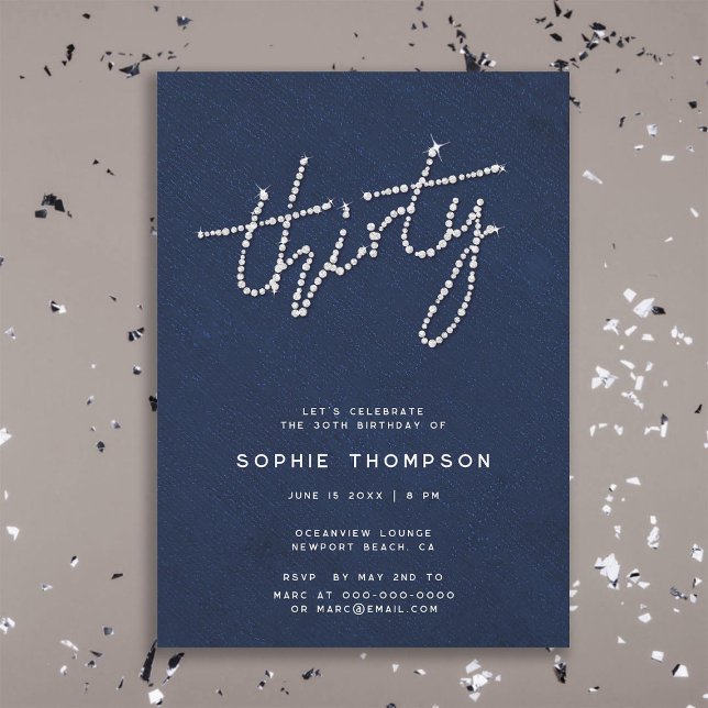Modernes Rhinestones Navy Blue Glam 30th Bday Soir Einladung (modern simple rhinestones glitter glam navy blue 30th birthday party invitation women soiree dinner)