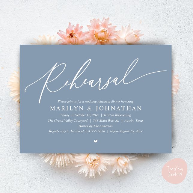 Modernes romantisches Abendessen bei Hochzeitsfeie Einladung (Modern Romantic Wedding Rehearsal Dinner Dancing Invitation Card PDF Aesthetic Dusty Blue)