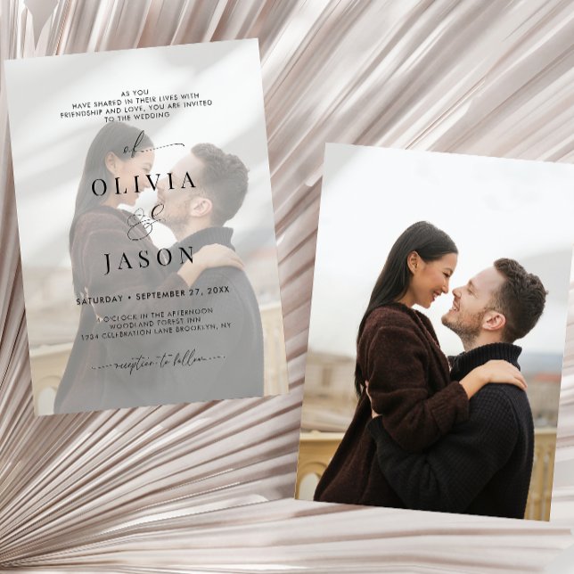 Modernes Romantisches Drehbuch Schwarz-weiß 2 Foto Einladung (Von Creator hochgeladen)