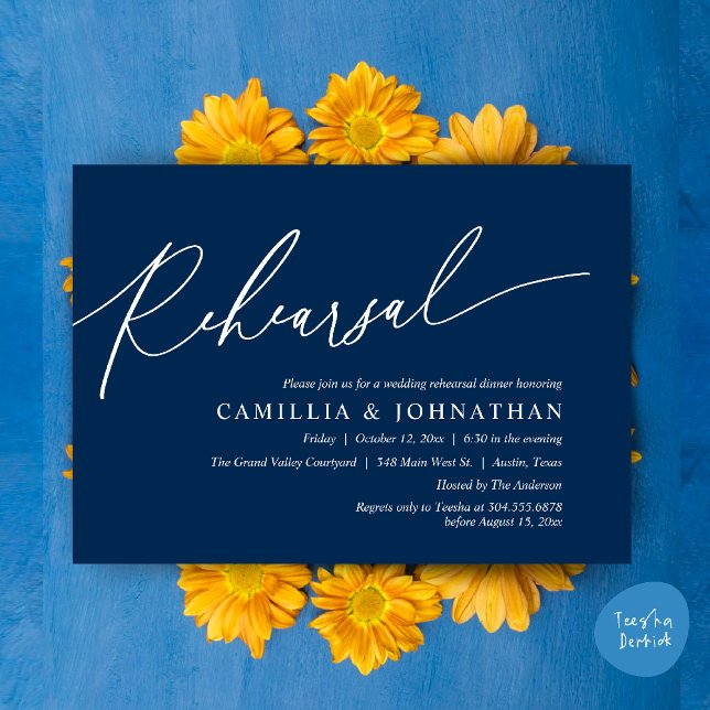 Modernes romantisches Hochzeitsessen Probe Einladung (Modern Romantic Wedding Rehearsal Dinner Dancing Invitation Card PDF Navy Blue)