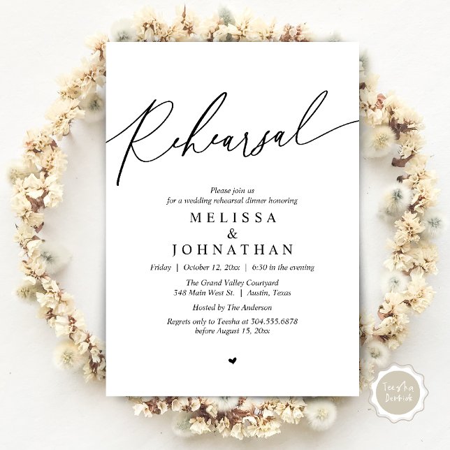 Modernes romantisches Hochzeitsessen Probe Einladung (Modern Romantic Wedding Rehearsal Dinner Dancing Invitation Card PDF White Black)