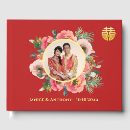 Modernes rosa Blumenkreide chinesisches Hochzeitsf Gästebuch