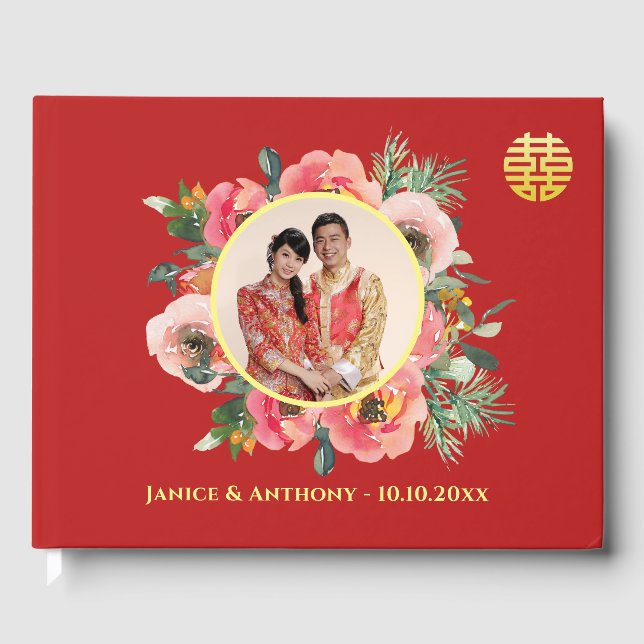 Modernes rosa Blumenkreide chinesisches Hochzeitsf Gästebuch (Vorderseite)