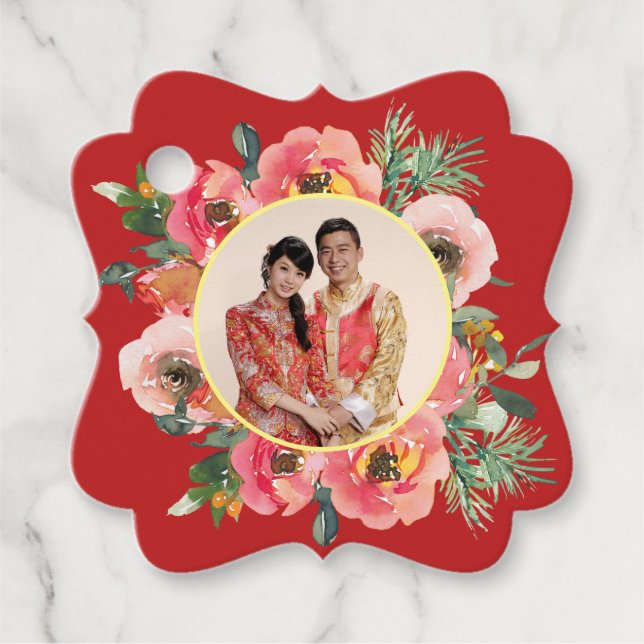 Modernes rosa Blumenkreide chinesisches Hochzeitsf Geschenkanhänger (Vorderseite)