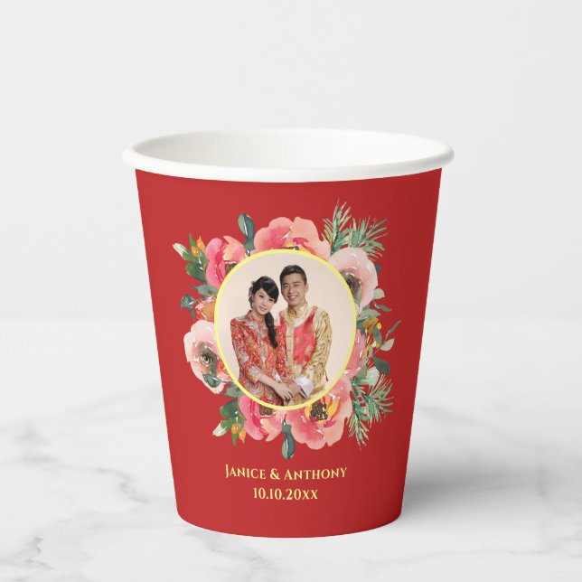 Modernes rosa Blumenkreide chinesisches Hochzeitsf Pappbecher (Vorderseite)