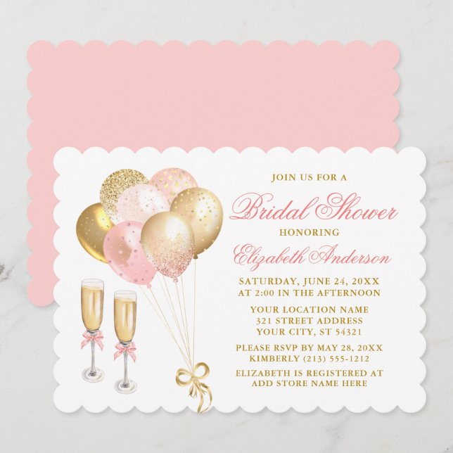 Modernes Rosa Blush Gold Balloons Brautparty Einladung (Vorne/Hinten)