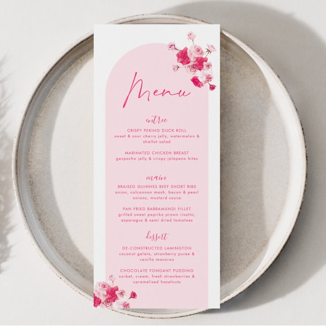 Modernes Rosa-Bright-Brautparty Rose Menükarte (Pink Bridal Shower Menu | Matching items available.)