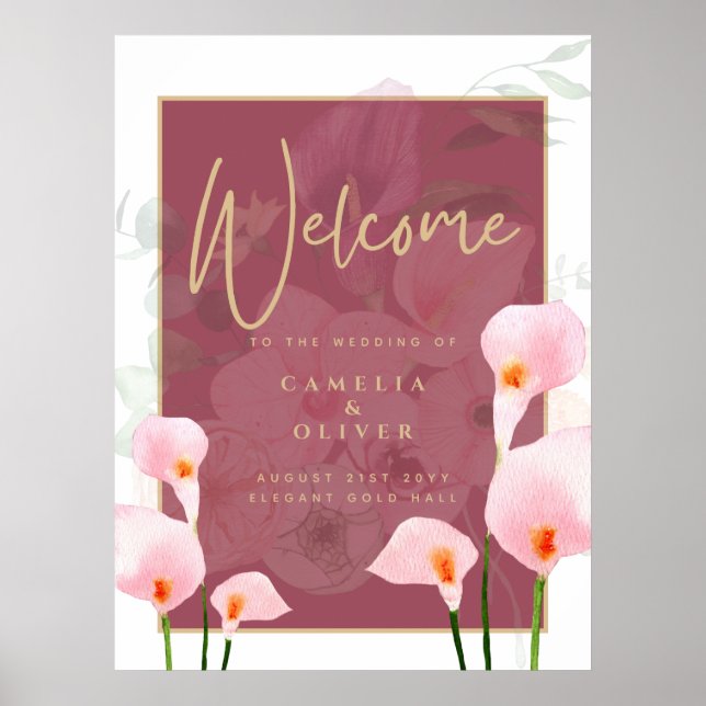 Modernes rosa Calla Lily Wedding Willkommenszeiche Poster (Vorne)