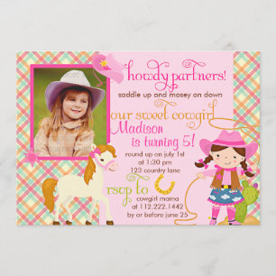 Modernes rosa Cowgirl-kleines Pferdeniedliches Einladung