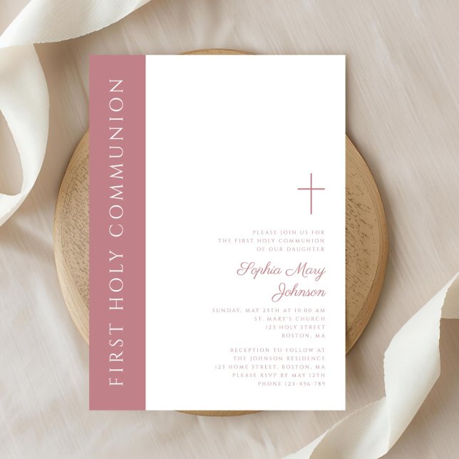 Modernes Rosa Cross Girl Erste Kommune Einladung (Modern Elegant Pink Cross Girl First Communion Invitation)