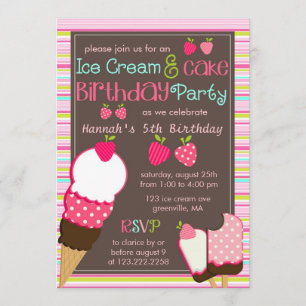 Modernes rosa Erdbeer-u. Eiscreme-Mädchen-Party Einladung