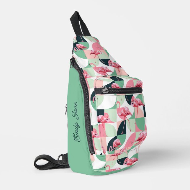 Modernes rosa Flamingo Geometric Girly Chic Muster Crossbody Bag (Linke Seite)
