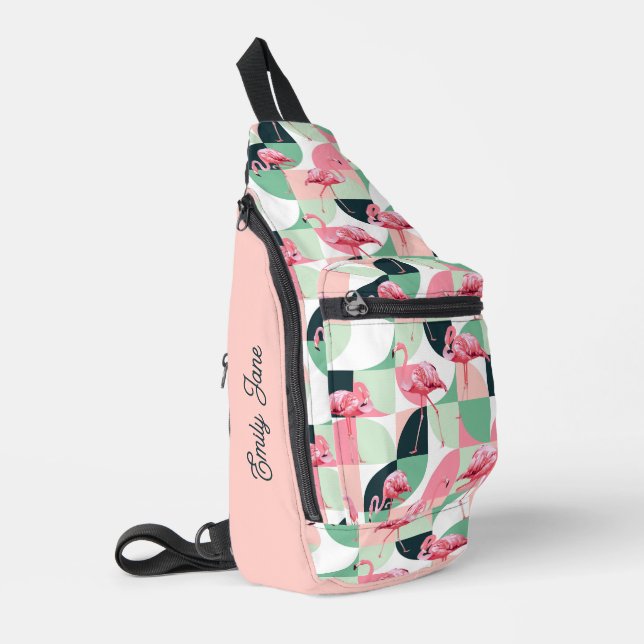 Modernes rosa Flamingo Geometric Girly Chic Muster Crossbody Bag (Linke Seite)