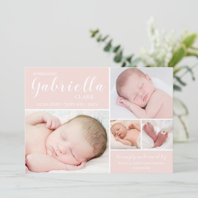 Modernes Rosa Foto Collage Baby Girl Ankündigung (Stehend Vorderseite)
