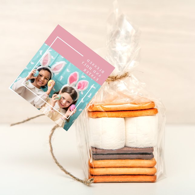 Modernes rosa glückliches gesegnetes Ostern | FOTO Geschenkanhänger (Von Creator hochgeladen)