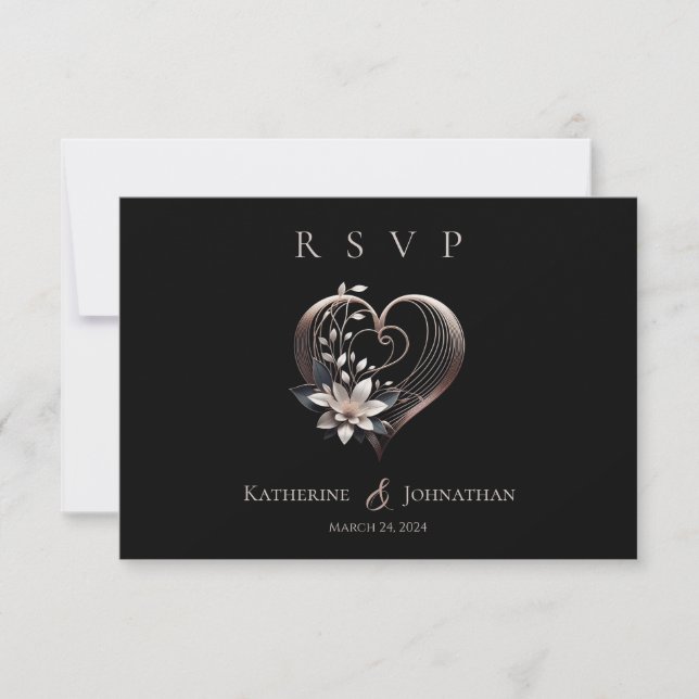 Modernes rosa Herz mit Blume Hochzeit RSVP Karte (Vorderseite)