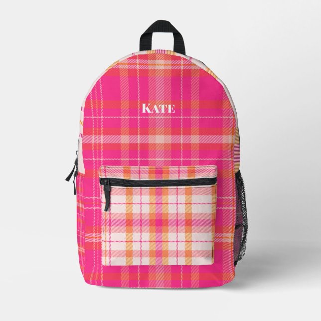 Modernes rosa kariertes Design mit Namen Bedruckter Rucksack (Vorderseite)
