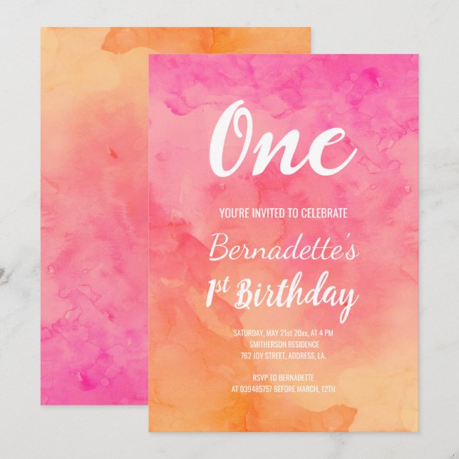 Modernes rosa korallenrotes Aquarell ombre erster Einladung (Vorne/Hinten)