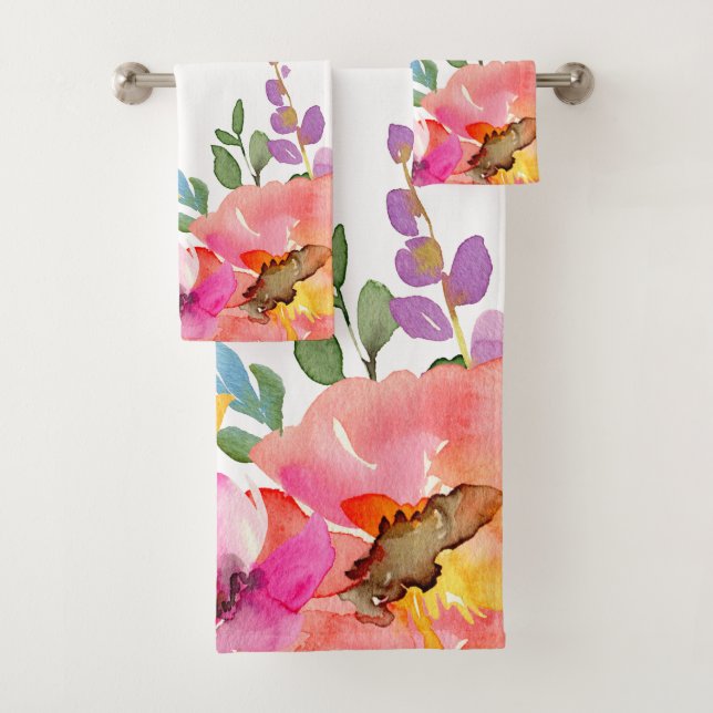 Modernes rosa Lila Blumenmuster Badhandtuch Set (Insitu)