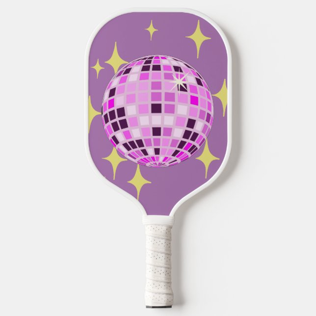 Modernes, rosa Lila Retro Diskothek Ball Beige Pickleball Schläger (Vorderseite)