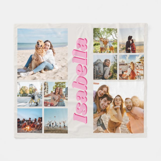 Modernes rosa Monogramm Personalisiert 10 FotoColl Fleecedecke (Vorderseite (Horizontal))
