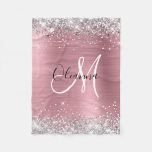 Modernes rosa Ombre Foil Silver Glitzer Monogram Fleecedecke
