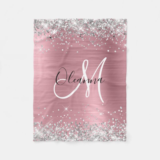 Modernes rosa Ombre Foil Silver Glitzer Monogram Fleecedecke (Vorderseite)
