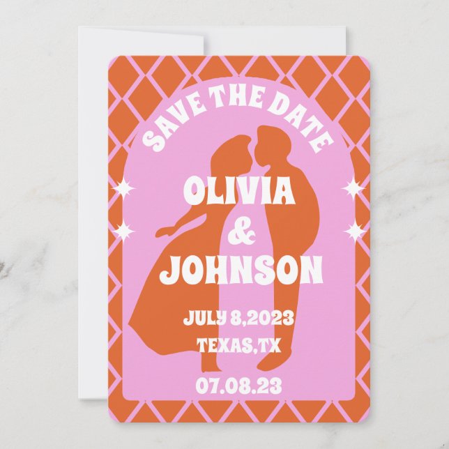 Modernes rosa Orange Retro Boho Arch Bold Date Save The Date (Vorderseite)
