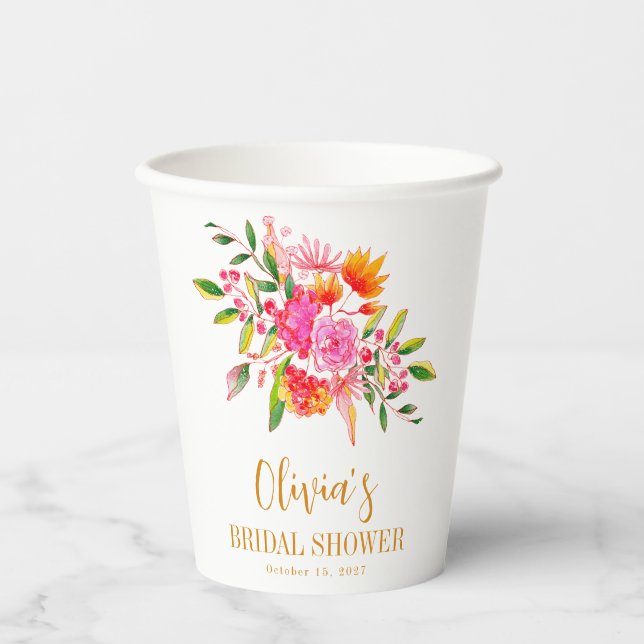 Modernes rosa orangefarbenes Brautparty Pappbecher (Vorderseite)