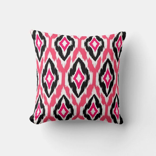 Modernes rosa pinkfarbenes schwarzes Ikat Stammes- Kissen (Vorderseite)