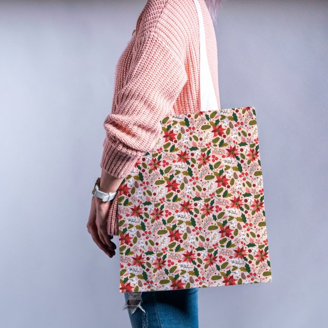 Modernes rosa Poinsettia Folk Botanisches Muster Tasche (Get ready for a stylish and merry holiday season—our festive totes are filled with cheer! 🎁)