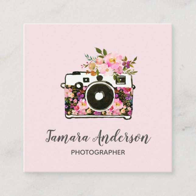 Modernes rosa Rosen-Goldblumenkamera-Fotograf Quadratische Visitenkarte (Vorderseite)
