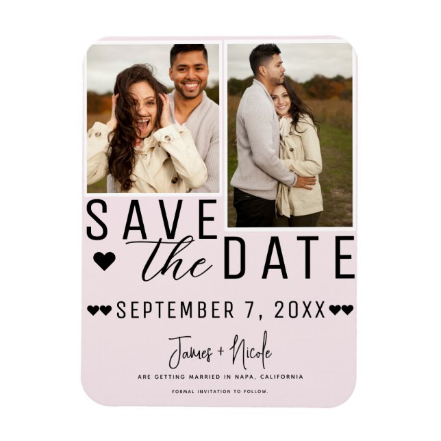 Modernes Rosa Save the Date 2 Foto Hochzeit Magnet (Vertikal)