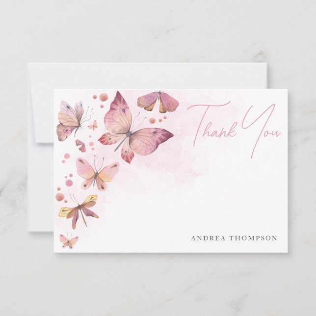 Modernes Rosa-Schmetterlinge-Brautparty Dankeskarte (Vorderseite)
