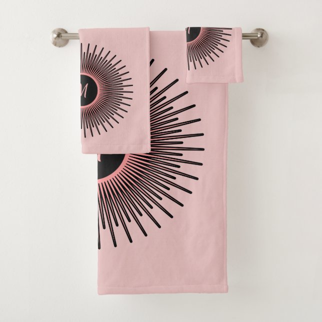 Modernes Rosa Schwarz Elegant Mit Monogramm Badhandtuch Set (Insitu)