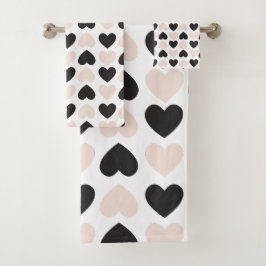 Modernes, rosa Schwarz Liebe Herzmuster Badhandtuch Set