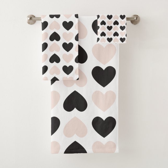Modernes, rosa Schwarz Liebe Herzmuster Badhandtuch Set (Insitu)