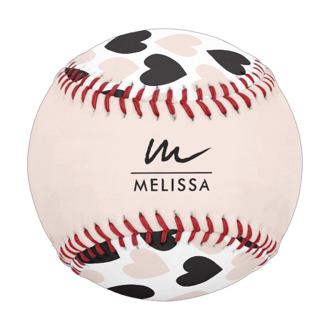 Modernes, rosa Schwarz Liebe Herzmuster Baseball (Rückseite)