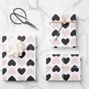 Modernes, rosa Schwarz Liebe Herzmuster Geschenkpapier Set