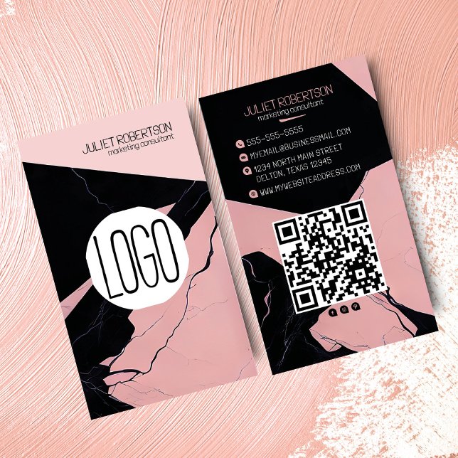 Modernes Rosa-Schwarz-Marmor-Logo Social Media QR Visitenkarte (Von Creator hochgeladen)